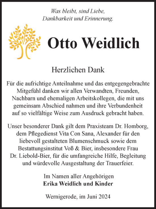 Traueranzeige von Otto Weidlich von Volksstimme Wernigerode