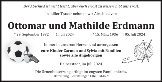 Traueranzeige von Ottomar und Mathilde Erdmann von Volksstimme Halberstadt
