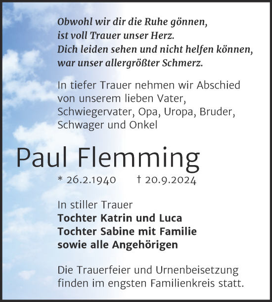 Traueranzeige von Paul Flemming von Trauerkombi Köthen