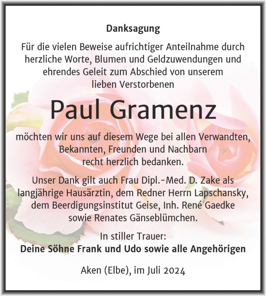 Traueranzeige von Paul Gramenz von Trauerkombi Köthen