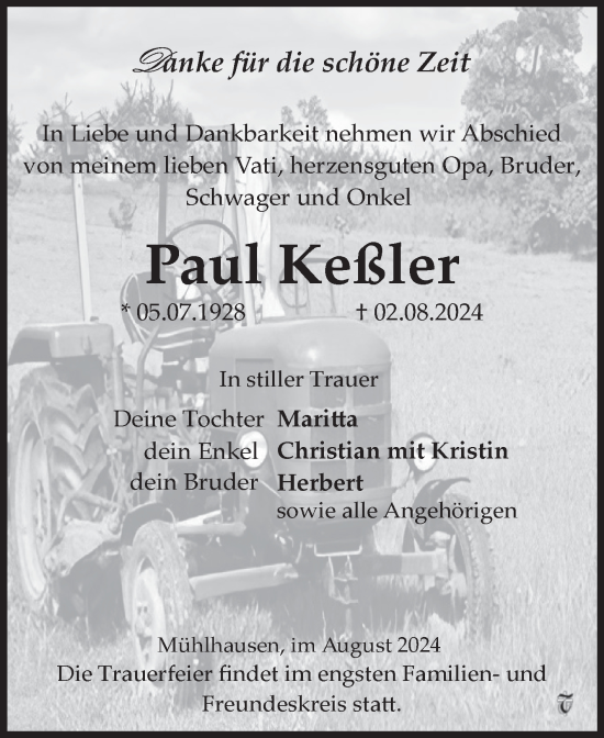 Traueranzeige von Paul Keßler von Mitteldeutsche Zeitung Sangerhausen