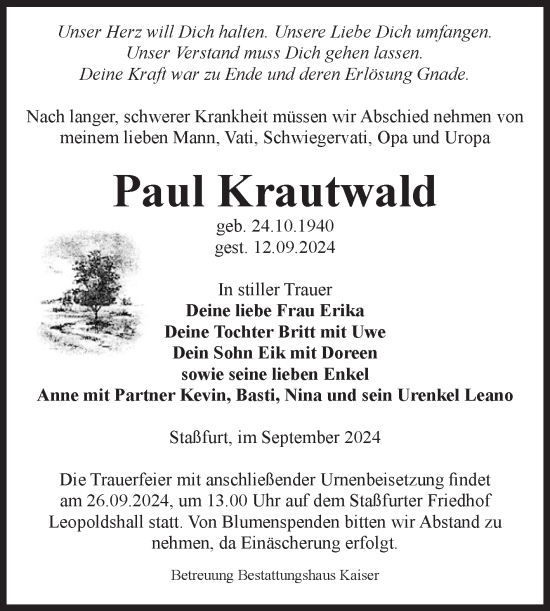 Traueranzeige von Paul Krautwald von Volksstimme Staßfurt