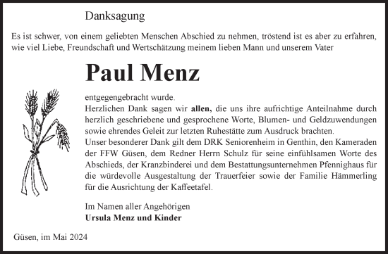 Traueranzeige von Paul Menz von Volksstimme Burg/Genthin
