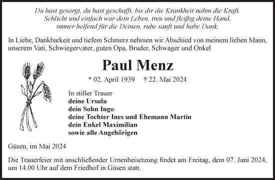 Traueranzeige von Paul Menz von Volksstimme Burg/Genthin