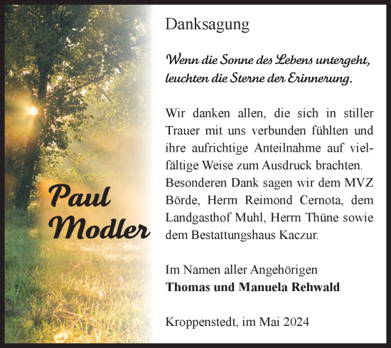 Traueranzeige von Paul Modler von Volksstimme Oschersleben/Wanzleben