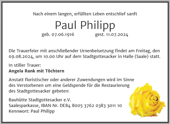 Traueranzeige von Paul Philipp von Mitteldeutsche Zeitung Halle/Saalkreis