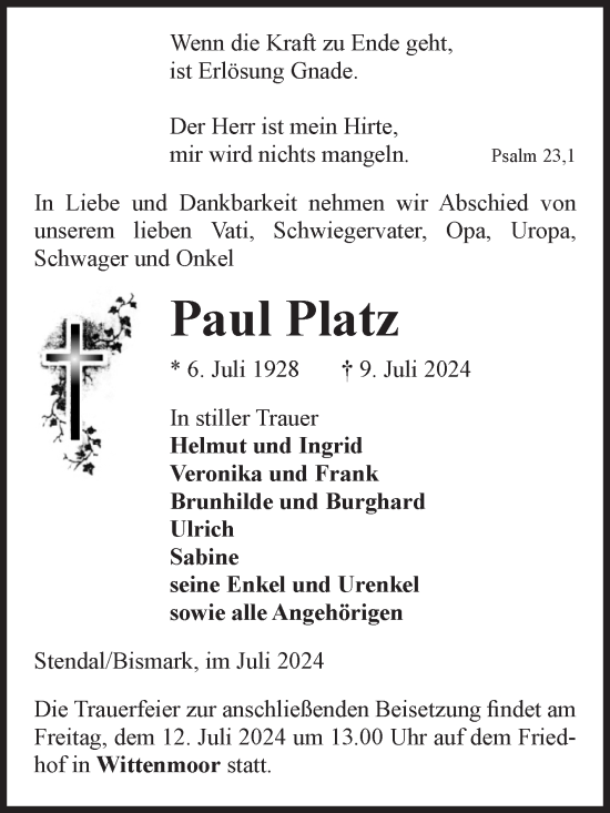 Traueranzeige von Paul Platz von Volksstimme Altmark Ost