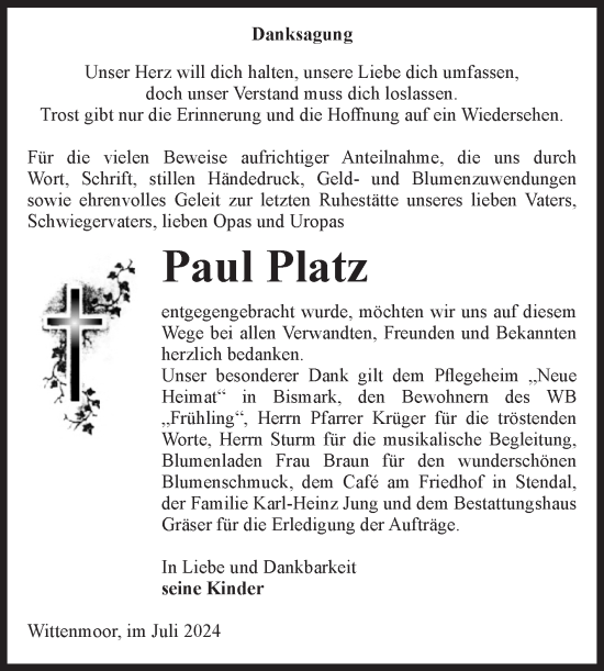 Traueranzeige von Paul Platz von Volksstimme Altmark Ost