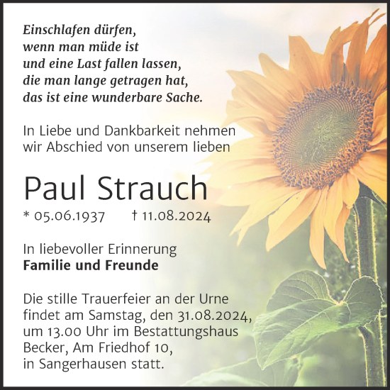 Traueranzeige von Paul Strauch von Trauerkombi Sangerhausen