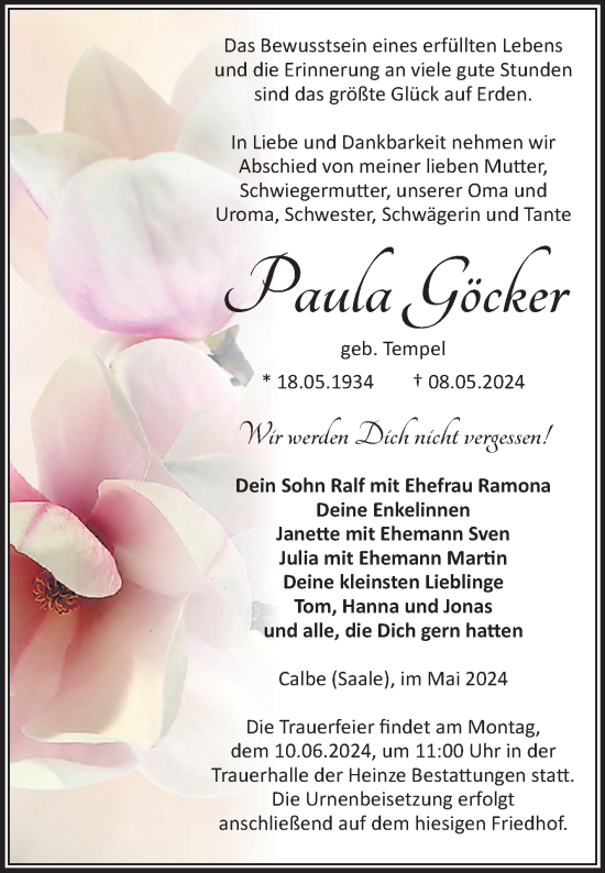Traueranzeige von Paula Göcker von Volksstimme Schönebeck
