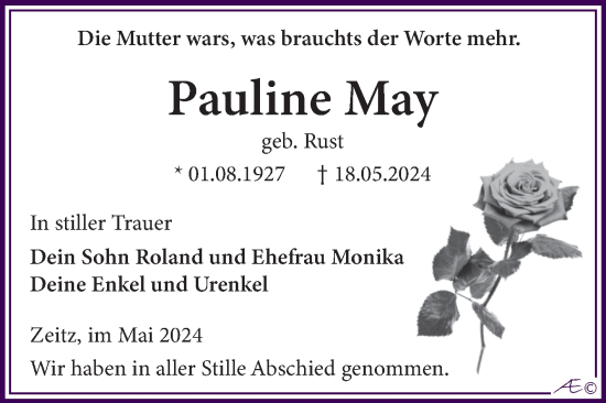 Traueranzeige von Pauline May von Trauerkombi Zeitz