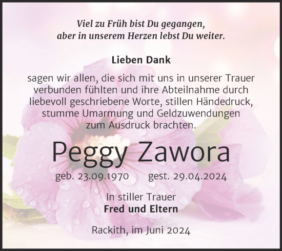 Traueranzeige von Peggy Zawora von Trauerkombi Wittenberg