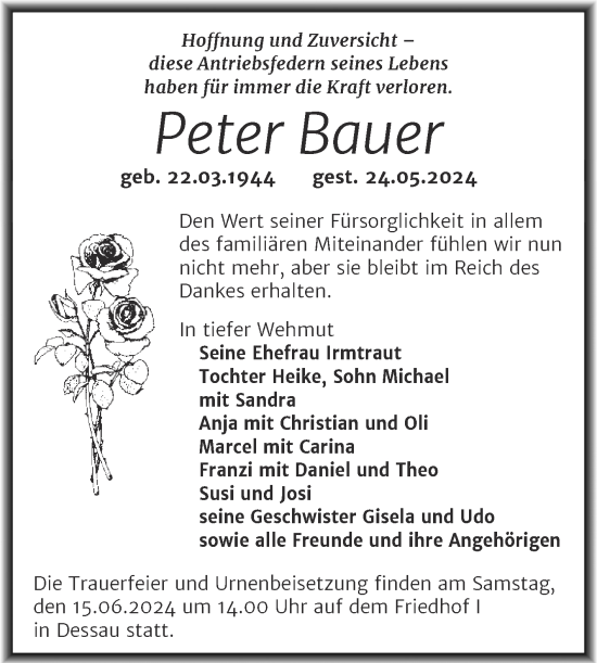 Traueranzeige von Peter Bauer von Trauerkombi Dessau