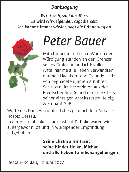 Traueranzeige von Peter Bauer von Trauerkombi Dessau