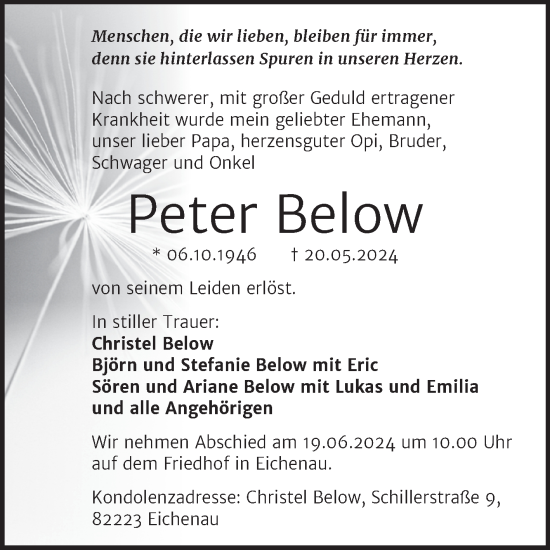 Traueranzeige von Peter Below von Trauerkombi Dessau