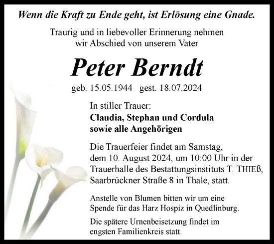 Traueranzeige von Peter Berndt von Volksstimme Wernigerode