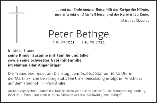 Traueranzeige von Peter Bethge von Trauerkombi Bernburg