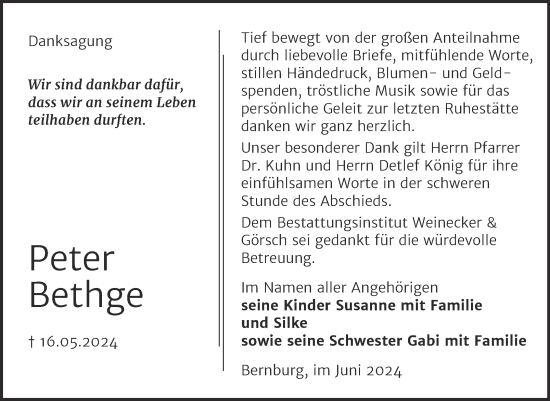 Traueranzeige von Peter Bethge von Trauerkombi Bernburg