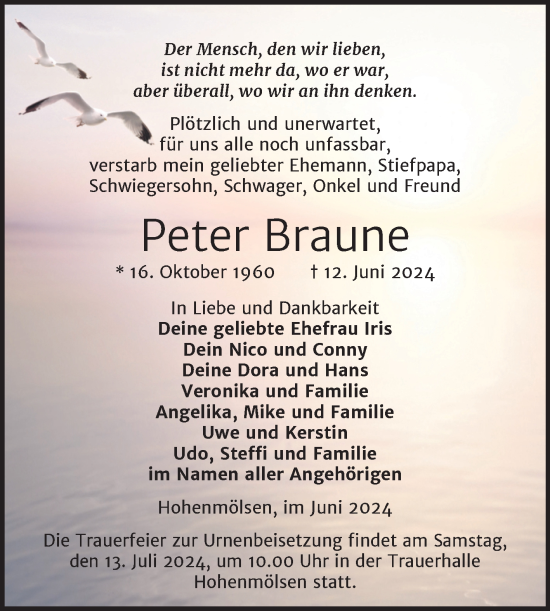 Traueranzeige von Peter Braune von Trauerkombi Weißenfels