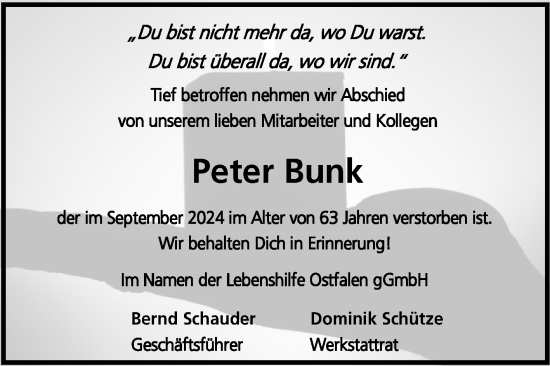 Traueranzeige von Peter Bunk von Volksstimme Haldensleben/Wolmirstedt