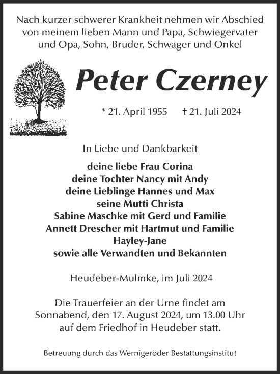 Traueranzeige von Peter Czerney von Volksstimme Wernigerode