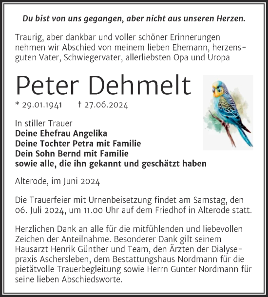 Traueranzeige von Peter Dehmelt von Trauerkombi Mansfelder Land