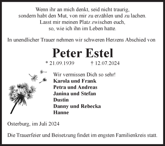 Traueranzeige von Peter Estel von Volksstimme Altmark Ost