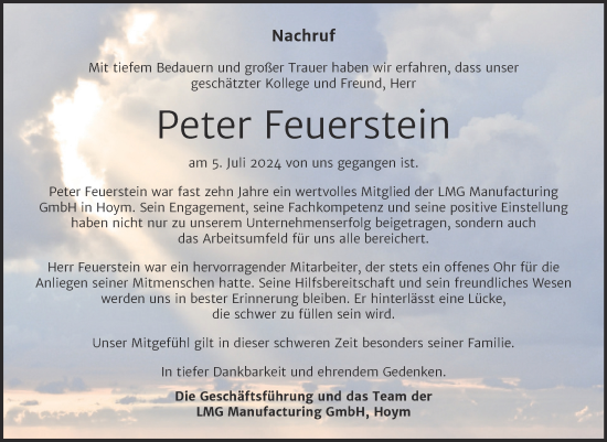 Traueranzeige von Peter Feuerstein von Mitteldeutsche Zeitung Aschersleben