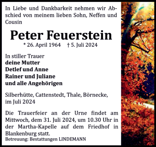 Traueranzeige von Peter Feuerstein von Volksstimme Wernigerode