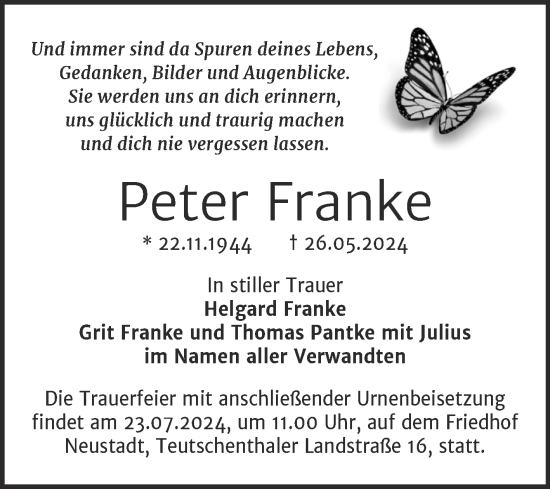 Traueranzeige von Peter Franke von Mitteldeutsche Zeitung Halle/Saalkreis