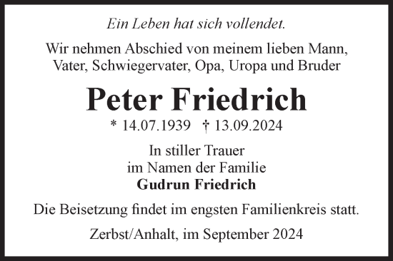 Traueranzeige von Peter Friedrich von Volksstimme Zerbst