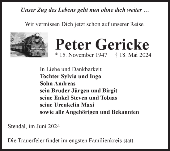 Traueranzeige von Peter Gericke von Volksstimme Altmark Ost