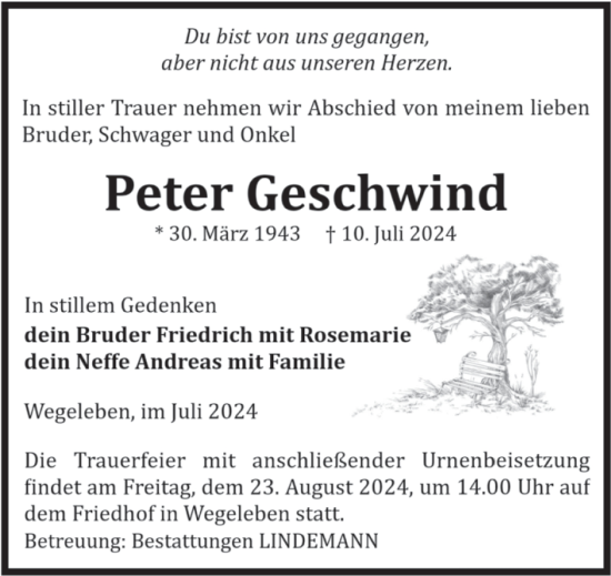 Traueranzeige von Peter Geschwind von Volksstimme Halberstadt