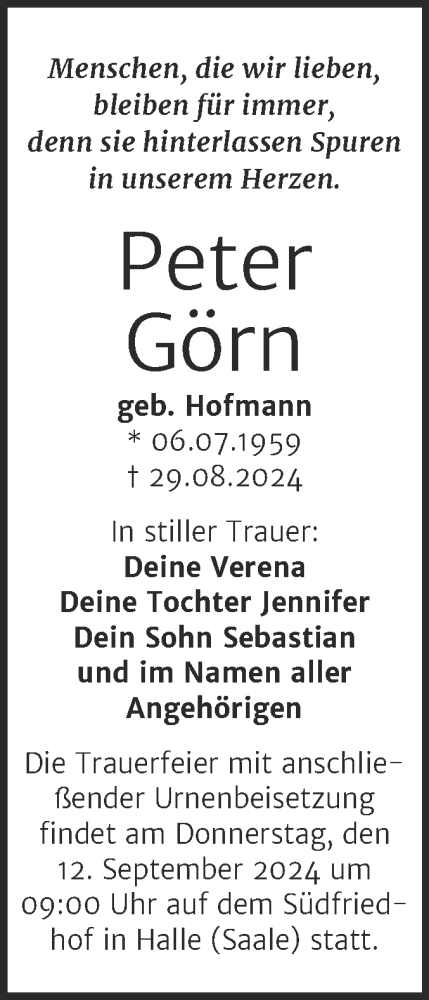 Traueranzeige von Peter Görn von Mitteldeutsche Zeitung Halle/Saalkreis