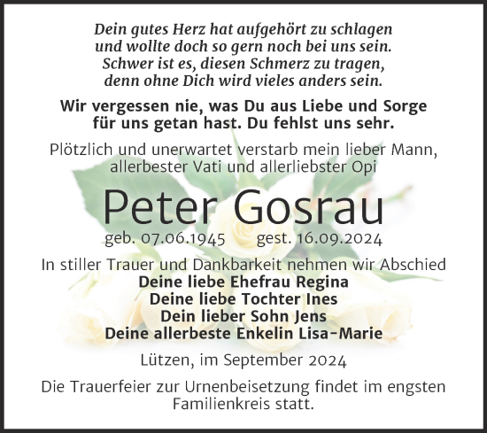 Traueranzeige von Peter Gosrau von Trauerkombi Weißenfels