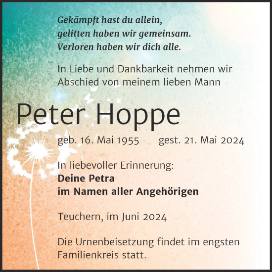 Traueranzeige von Peter Hoppe von Trauerkombi Weißenfels