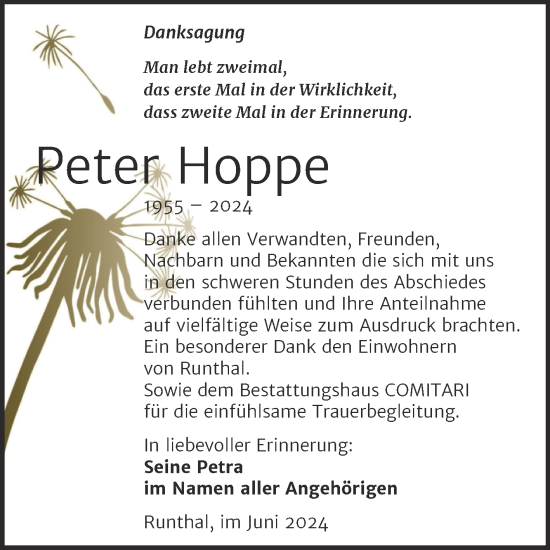 Traueranzeige von Peter Hoppe von Trauerkombi Weißenfels