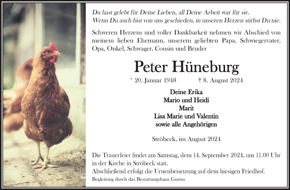  Traueranzeige für Peter Hüneburg vom 17.08.2024 aus Volksstimme Halberstadt