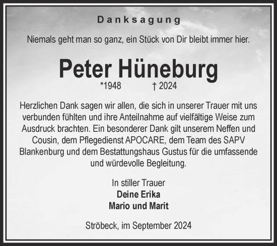 Traueranzeige von Peter Hüneburg von Volksstimme Halberstadt