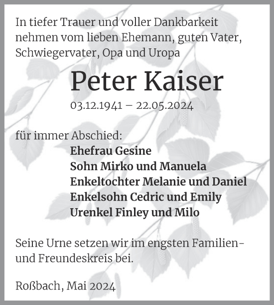 Traueranzeige von Peter Kaiser von Trauerkombi Merseburg