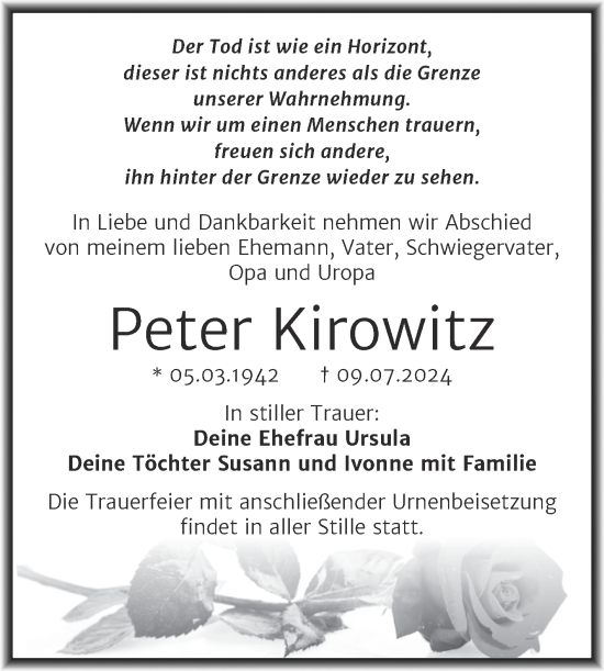 Traueranzeige von Peter Kirowitz von Trauerkombi Bitterfeld