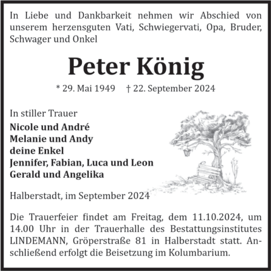 Traueranzeige von Peter König von Volksstimme Halberstadt