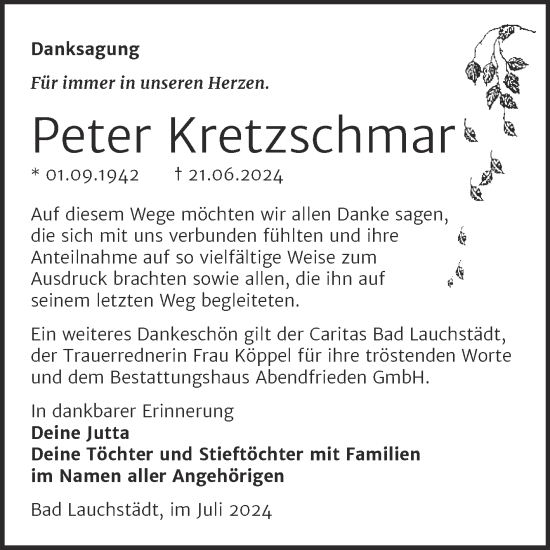 Traueranzeige von Peter Kretzschmar von Trauerkombi Merseburg