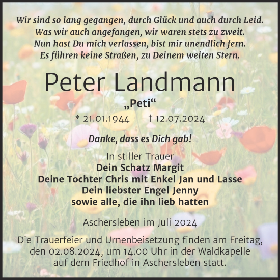 Traueranzeige von Peter Landmann von Trauerkombi Aschersleben