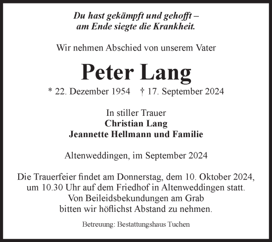 Traueranzeige von Peter Lang von Volksstimme Oschersleben/Wanzleben