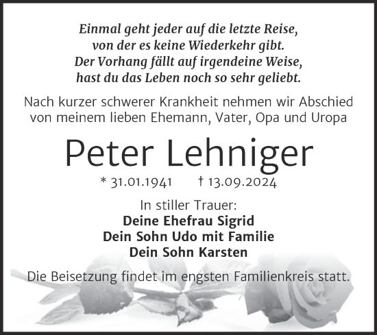 Traueranzeige von Peter Lehniger von Trauerkombi Wittenberg