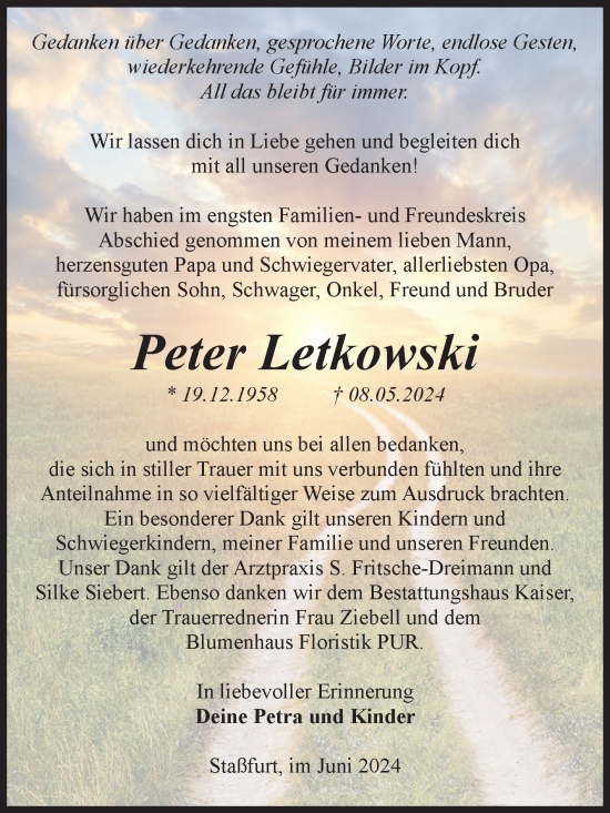 Traueranzeige von Peter Letkowski von Volksstimme Staßfurt