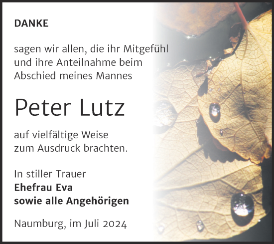 Traueranzeige von Peter Lutz von Naumburger Tageblatt