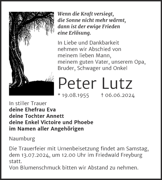 Traueranzeige von Peter Lutz von Naumburger Tageblatt