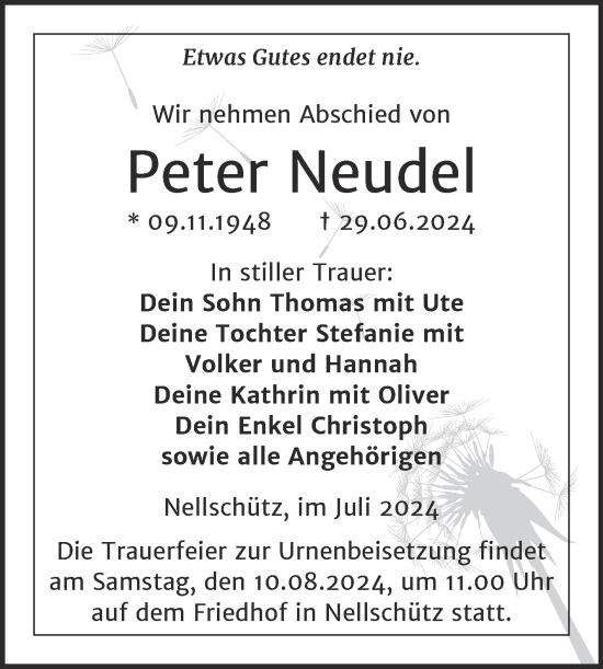 Traueranzeige von Peter Neudel von Trauerkombi Weißenfels